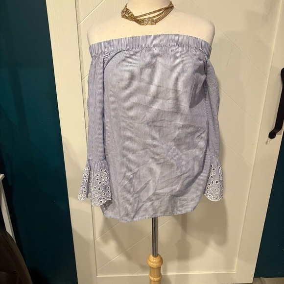 BeachLunchLounge Off-Shoulder Blue & White Stripe Eyelet Blouse | Boho Coastal - Picture 2 of 5